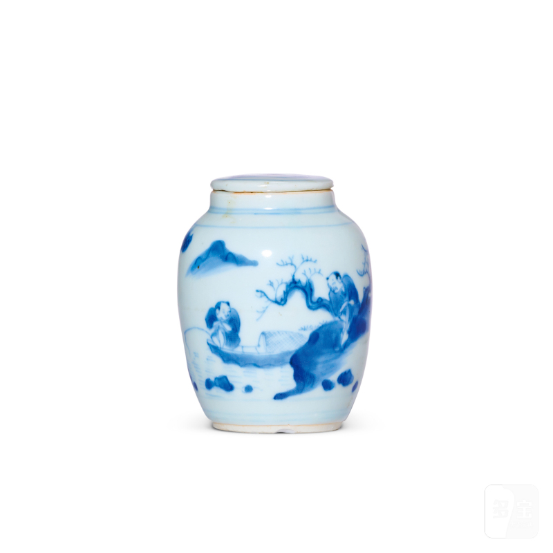明崇祯 青花刘阮遇仙图莲子罐